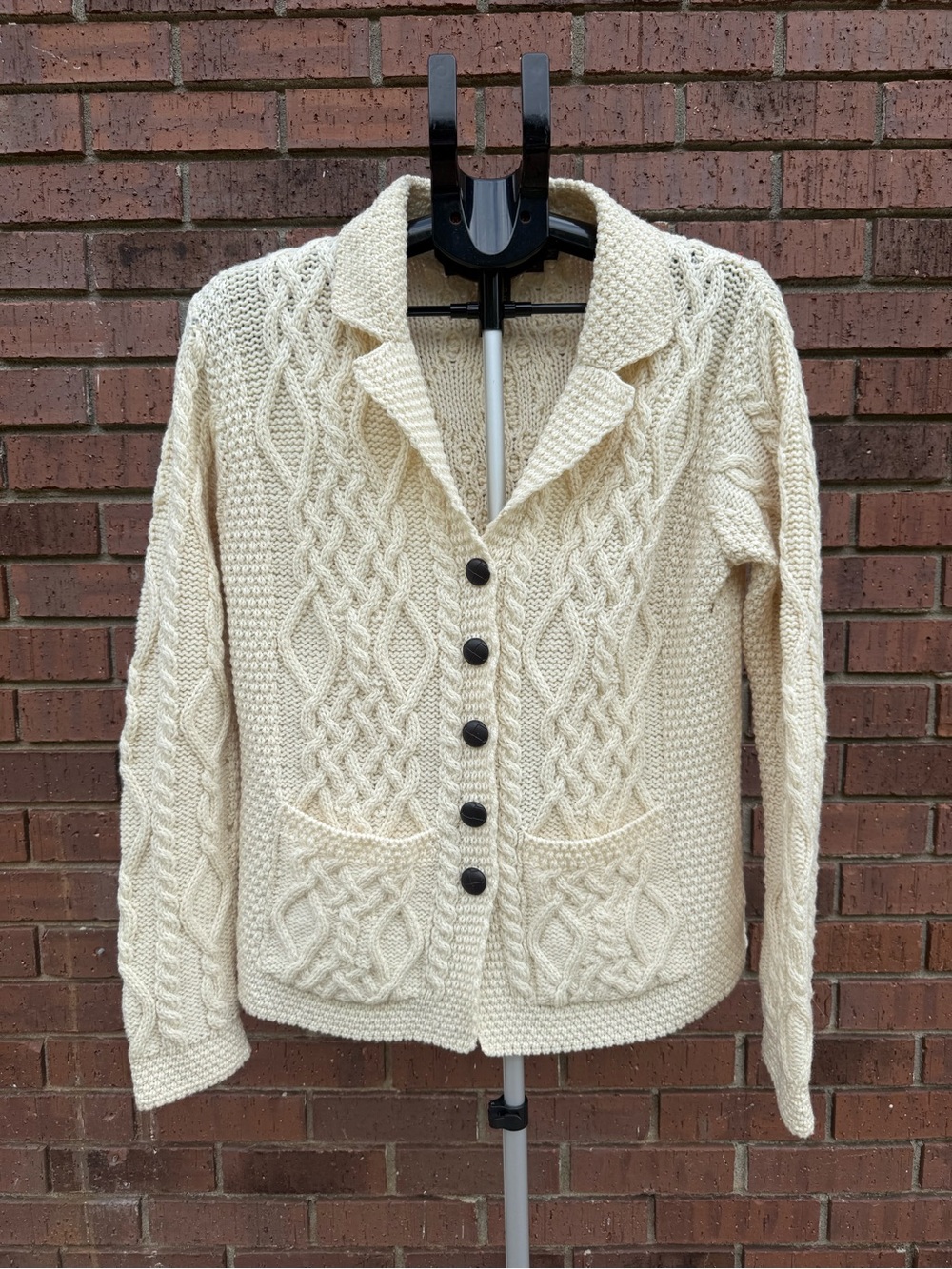 Vintage 90s Inis Crafts Merino Wool Aran Fisherman Cardigan Sweater Cream Medium